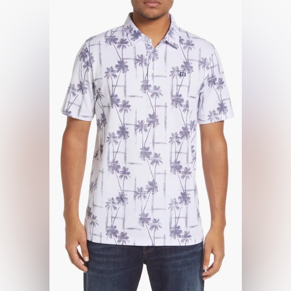 Travis Mathew Short Sleeve Casual Polo Shirt White Gray Palm Tree Print Large